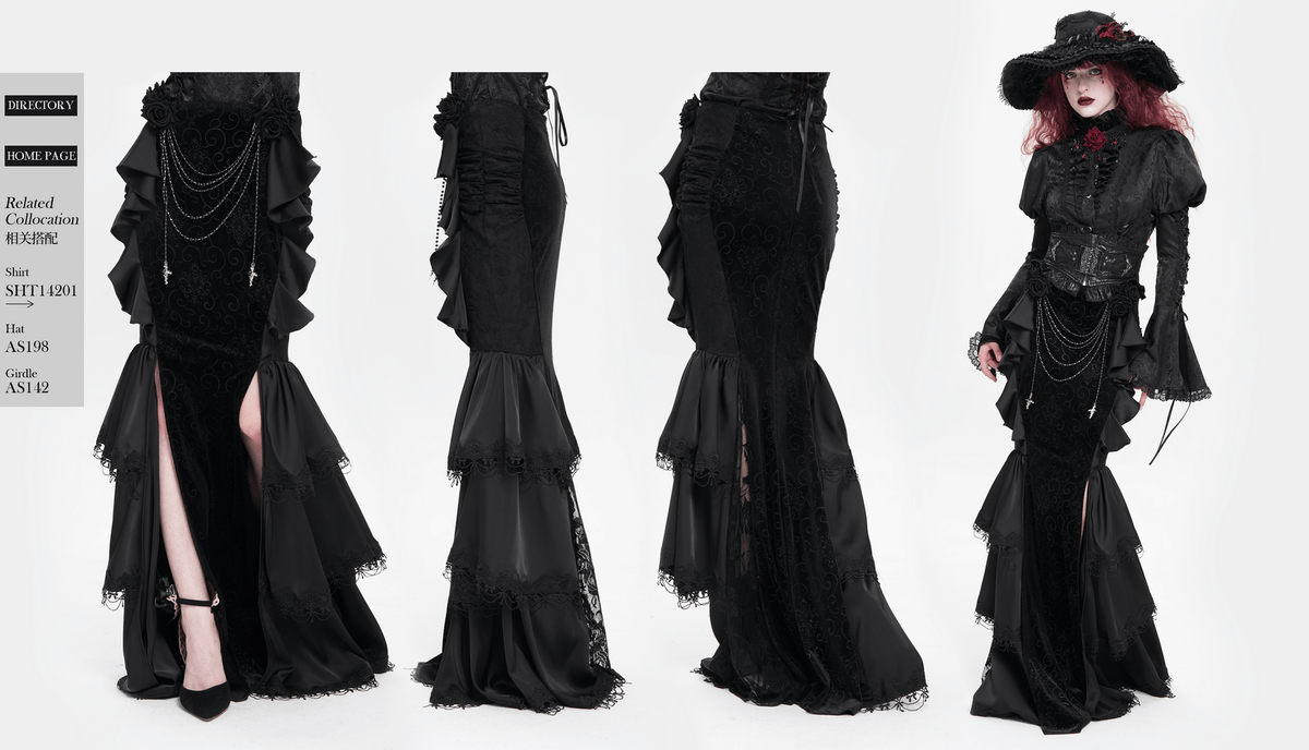 Gothic Black Velvet Maxi Skirt with Ruffles and Chains