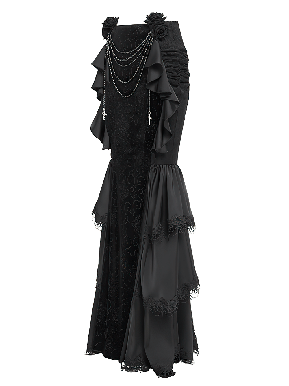 Gothic Black Velvet Maxi Skirt with Ruffles and Chains