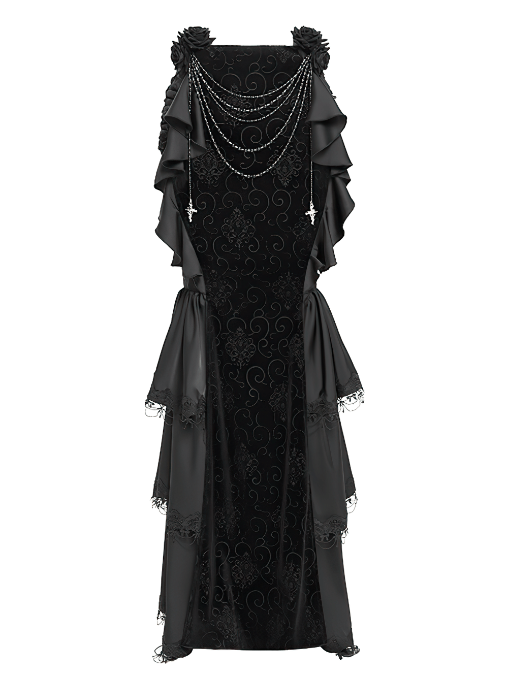 Gothic Black Velvet Maxi Skirt with Ruffles and Chains