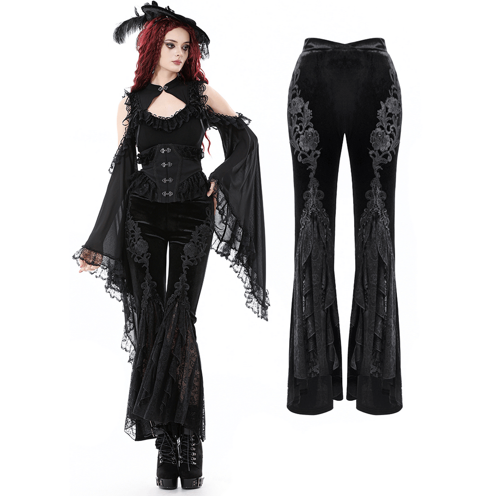 Gothic Black Velvet Pants with Lace Ruffle Panels