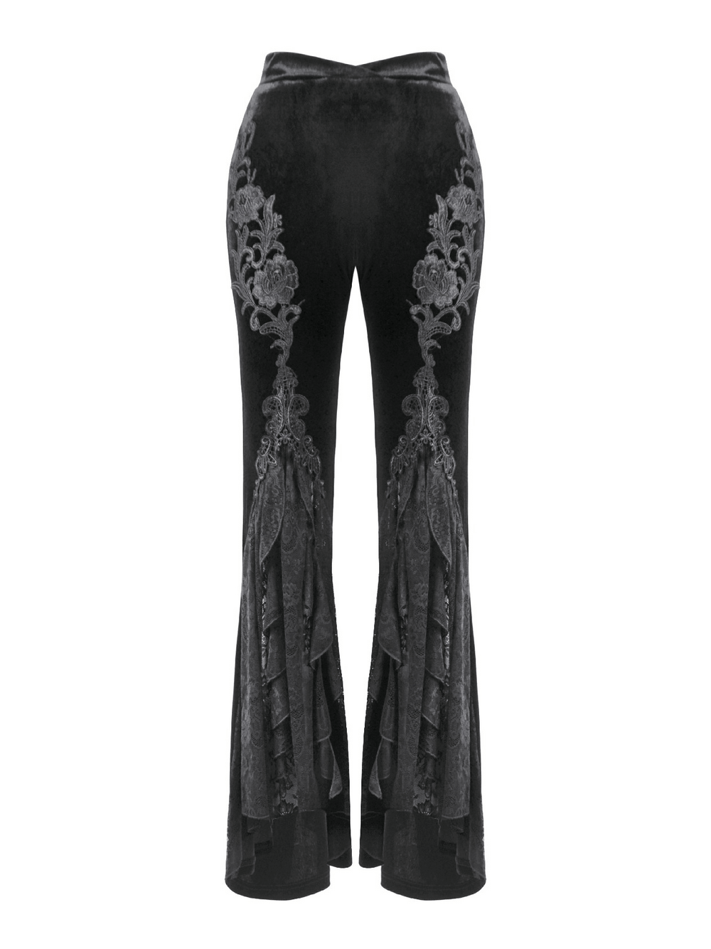 Gothic Black Velvet Pants with Lace Ruffle Panels
