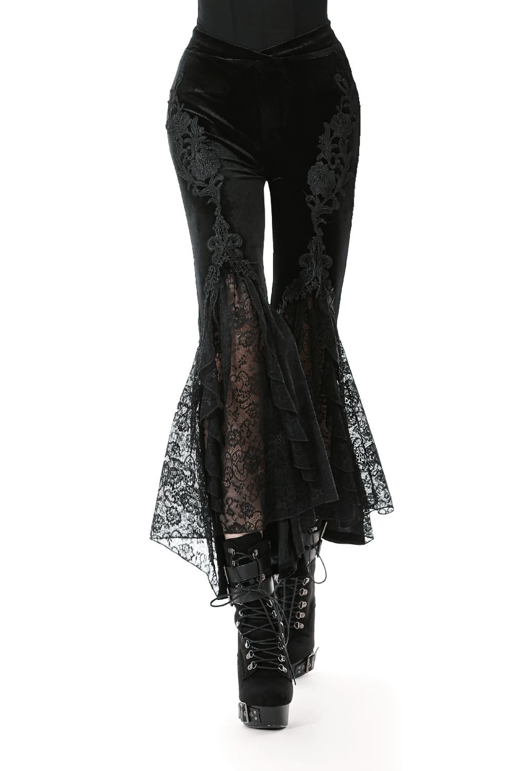 Gothic Black Velvet Pants with Lace Ruffle Panels
