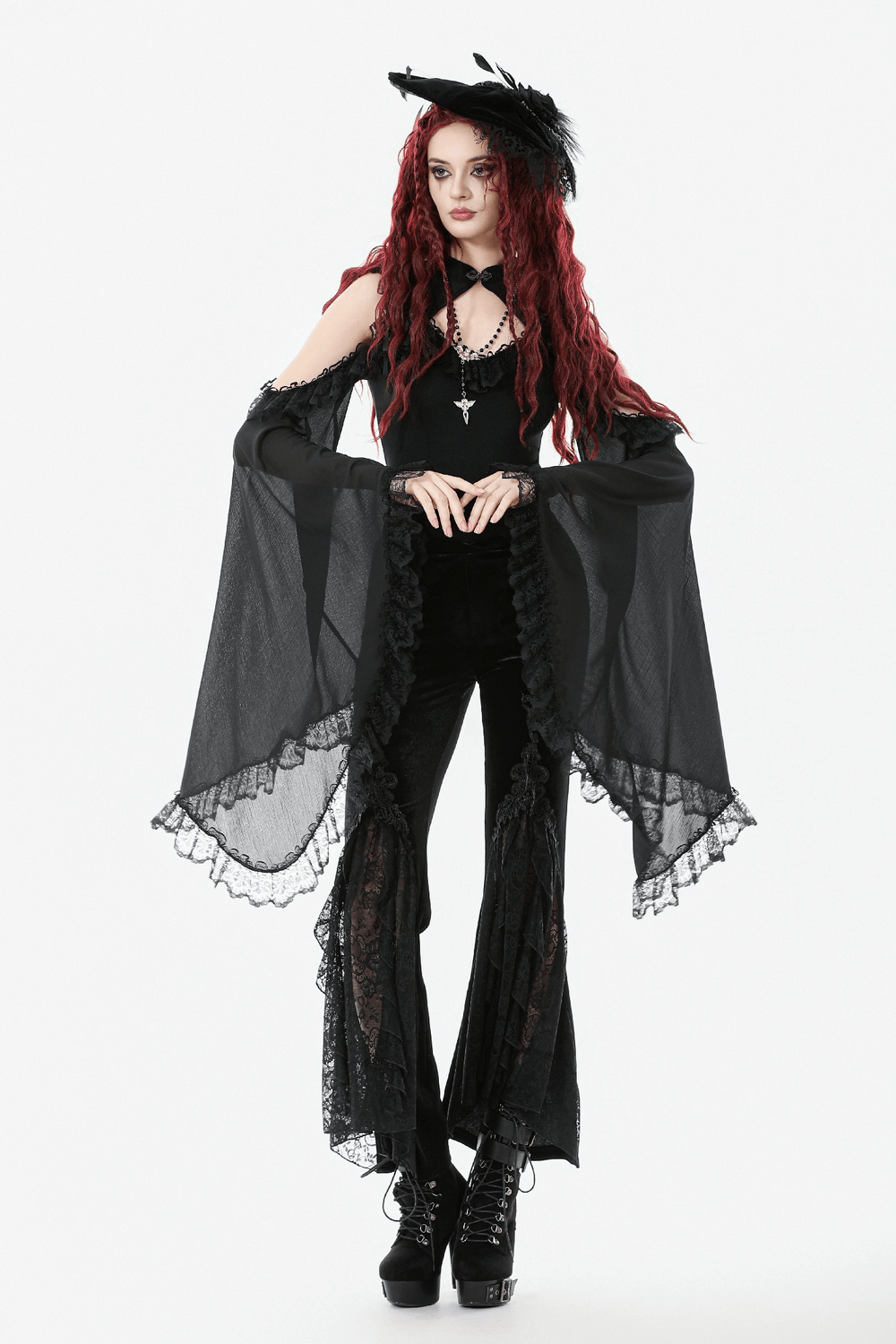 Gothic Black Velvet Pants with Lace Ruffle Panels