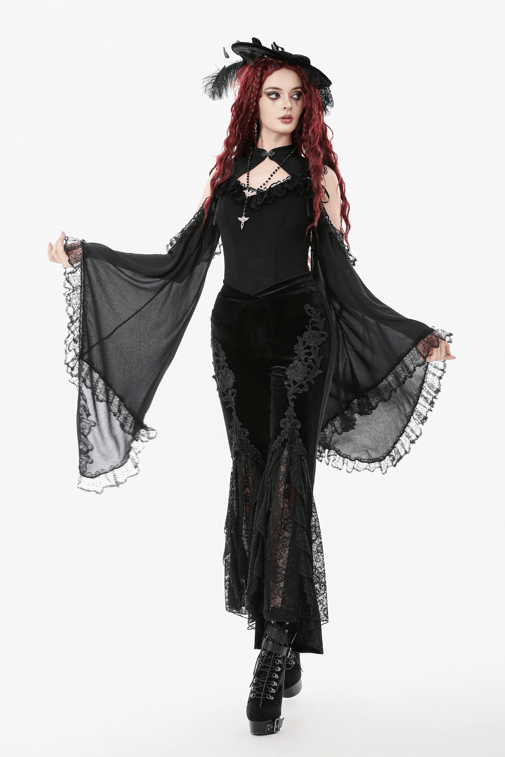 Gothic Black Velvet Pants with Lace Ruffle Panels