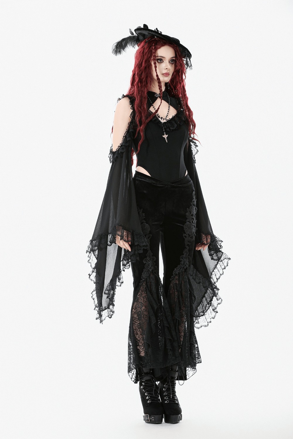 Gothic Black Velvet Pants with Lace Ruffle Panels