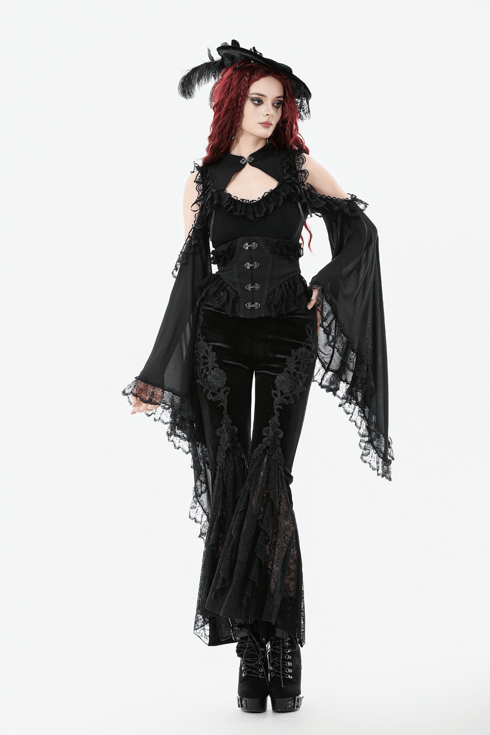 Gothic Black Velvet Pants with Lace Ruffle Panels