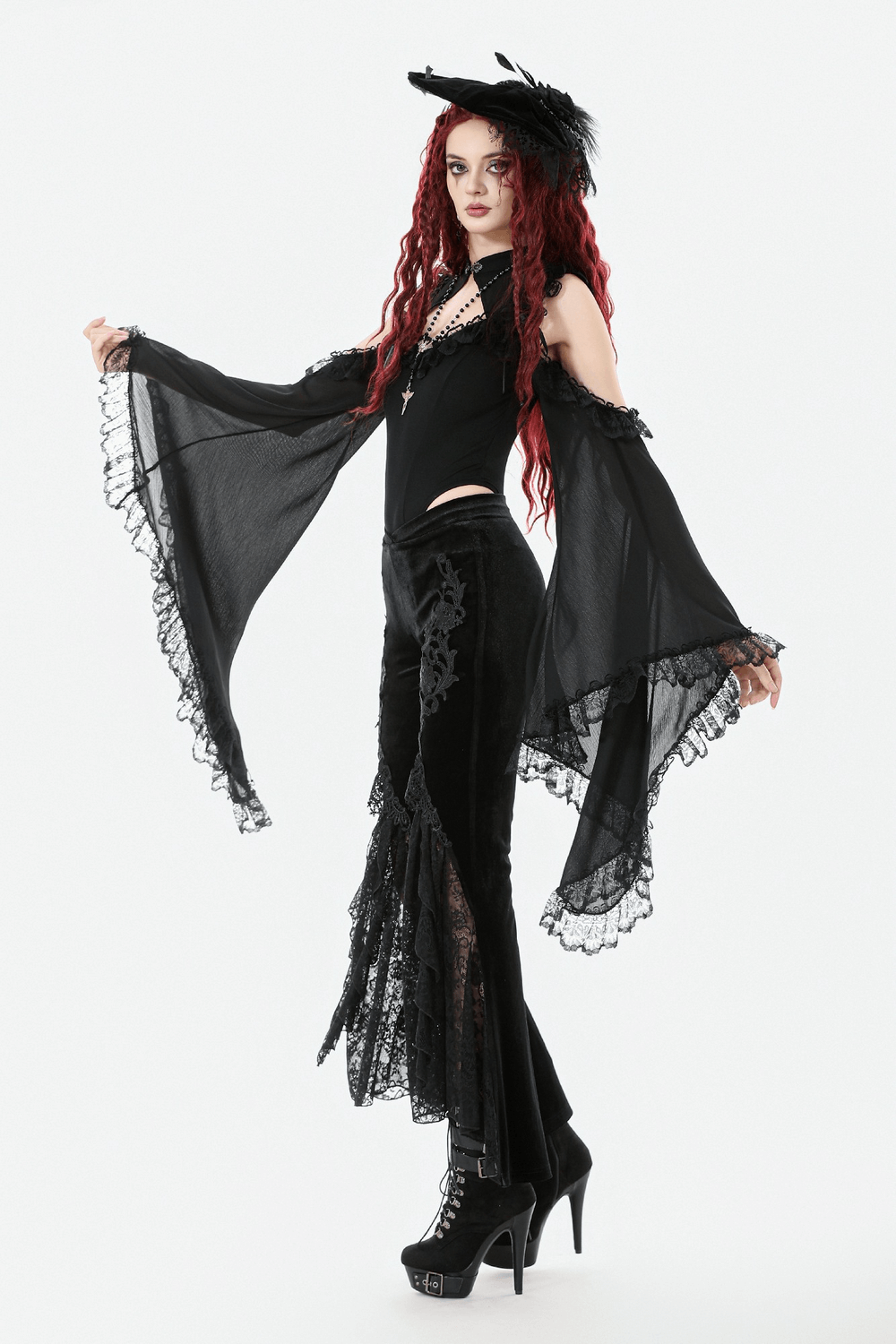 Gothic Black Velvet Pants with Lace Ruffle Panels