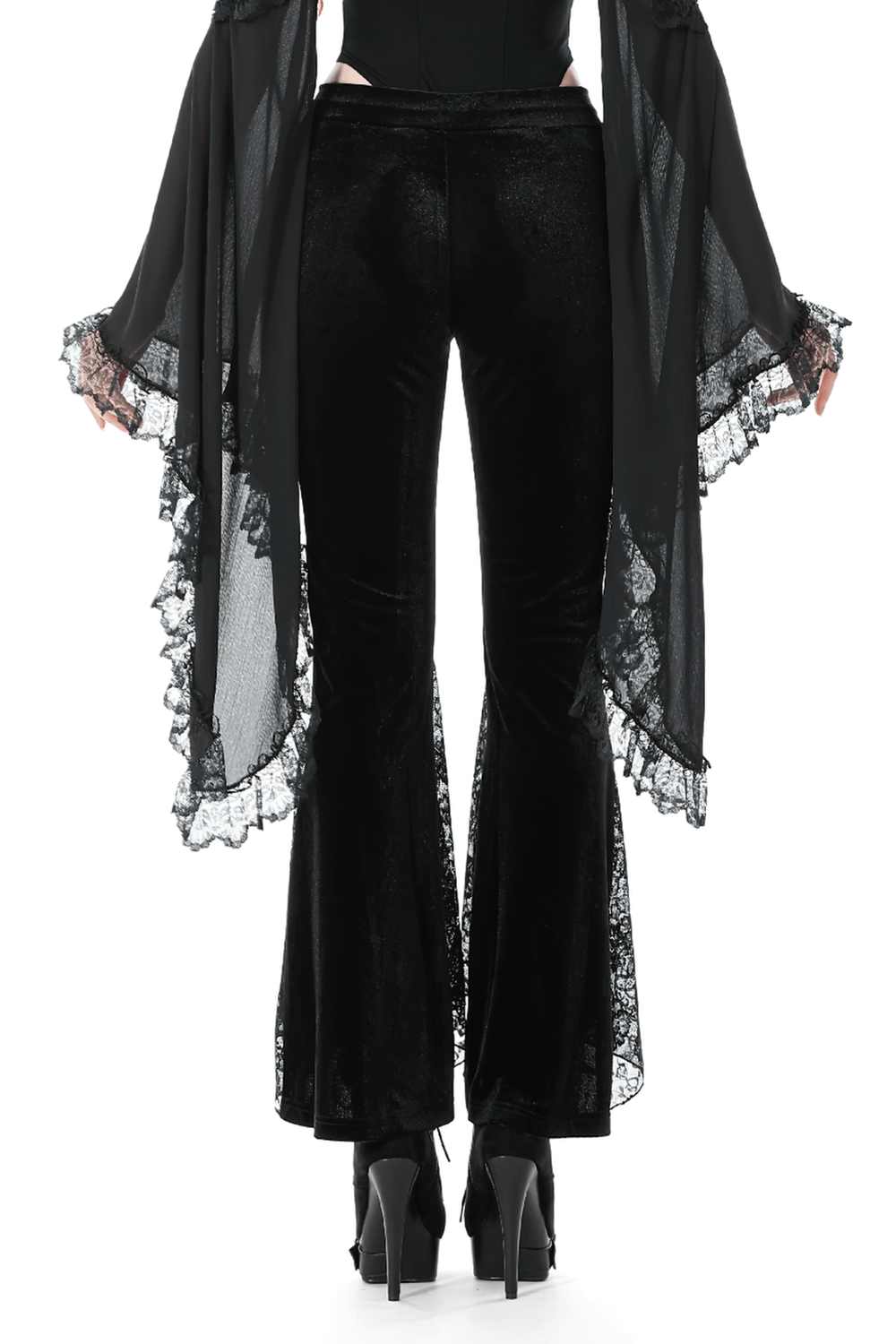 Gothic Black Velvet Pants with Lace Ruffle Panels