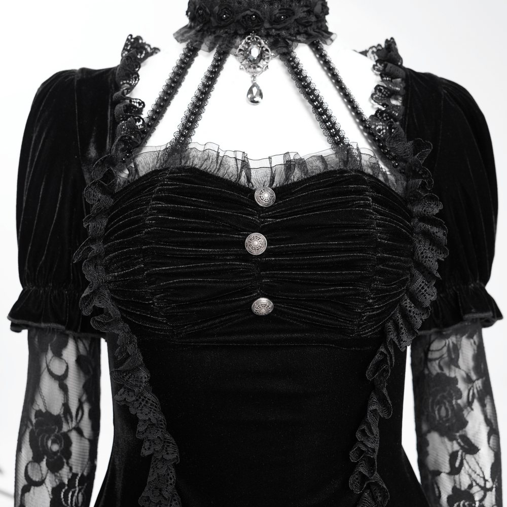 Gothic Black Velvet Top with Lace Bell Sleeves