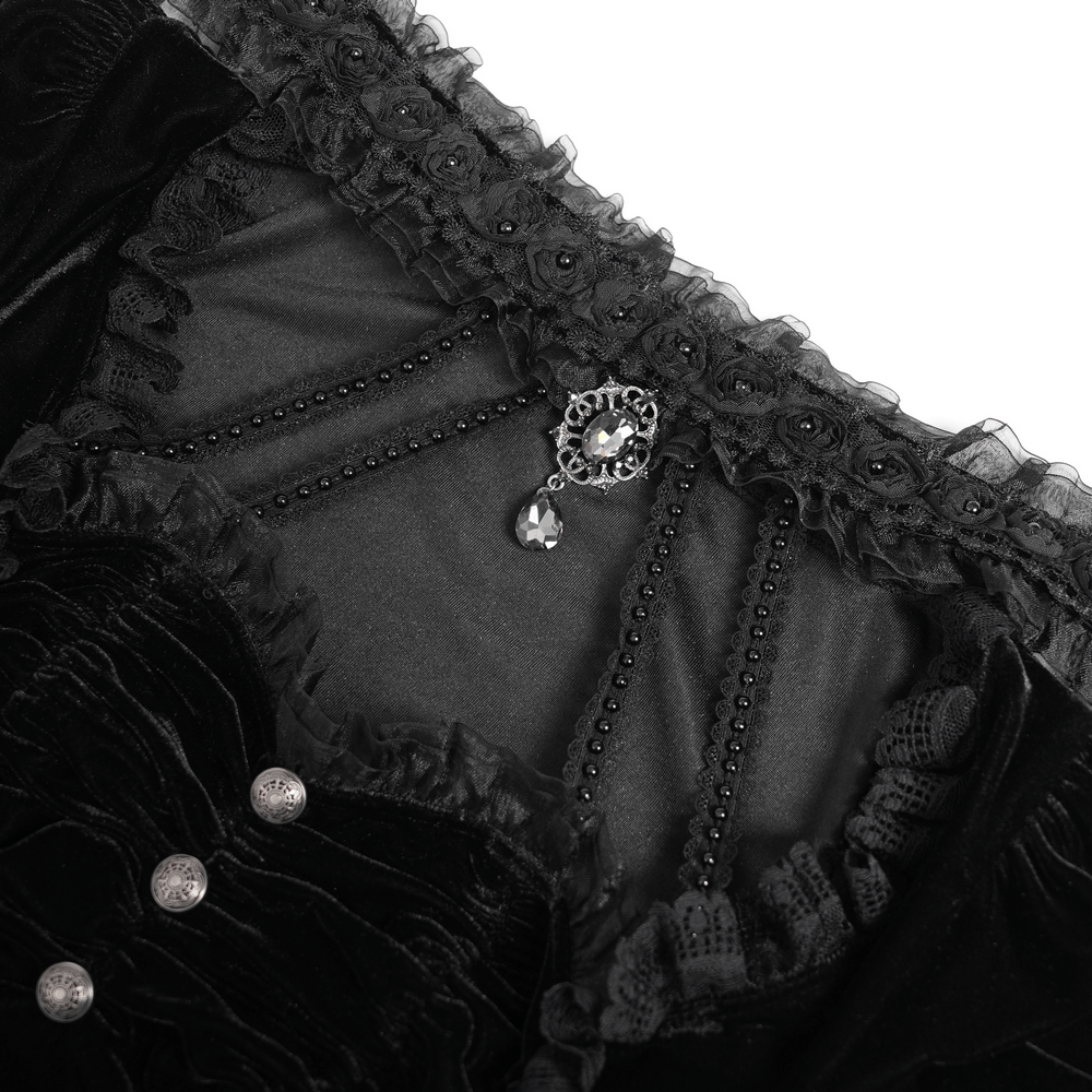Gothic Black Velvet Top with Lace Bell Sleeves