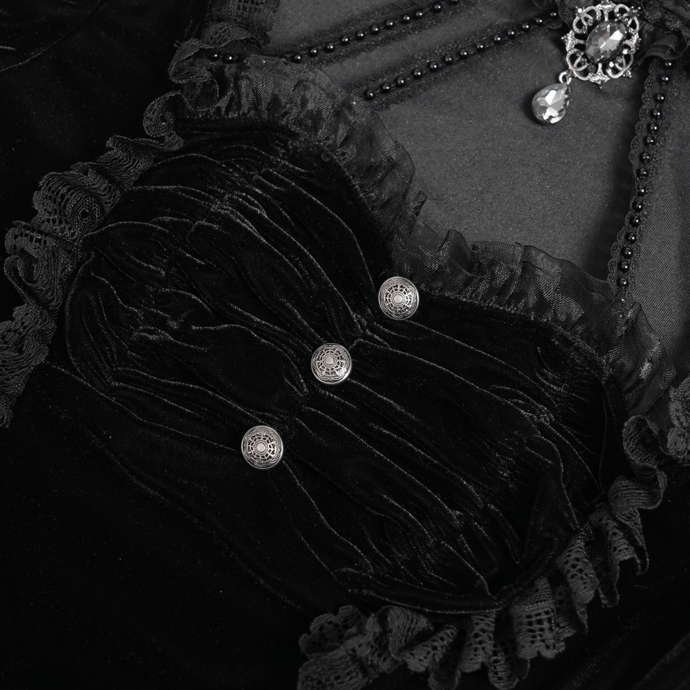 Gothic Black Velvet Top with Lace Bell Sleeves