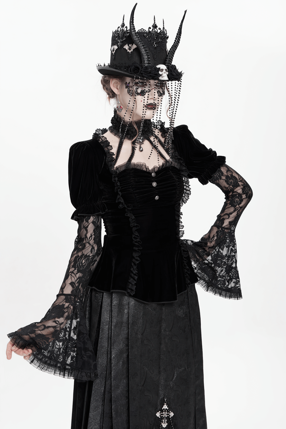 Gothic Black Velvet Top with Lace Bell Sleeves