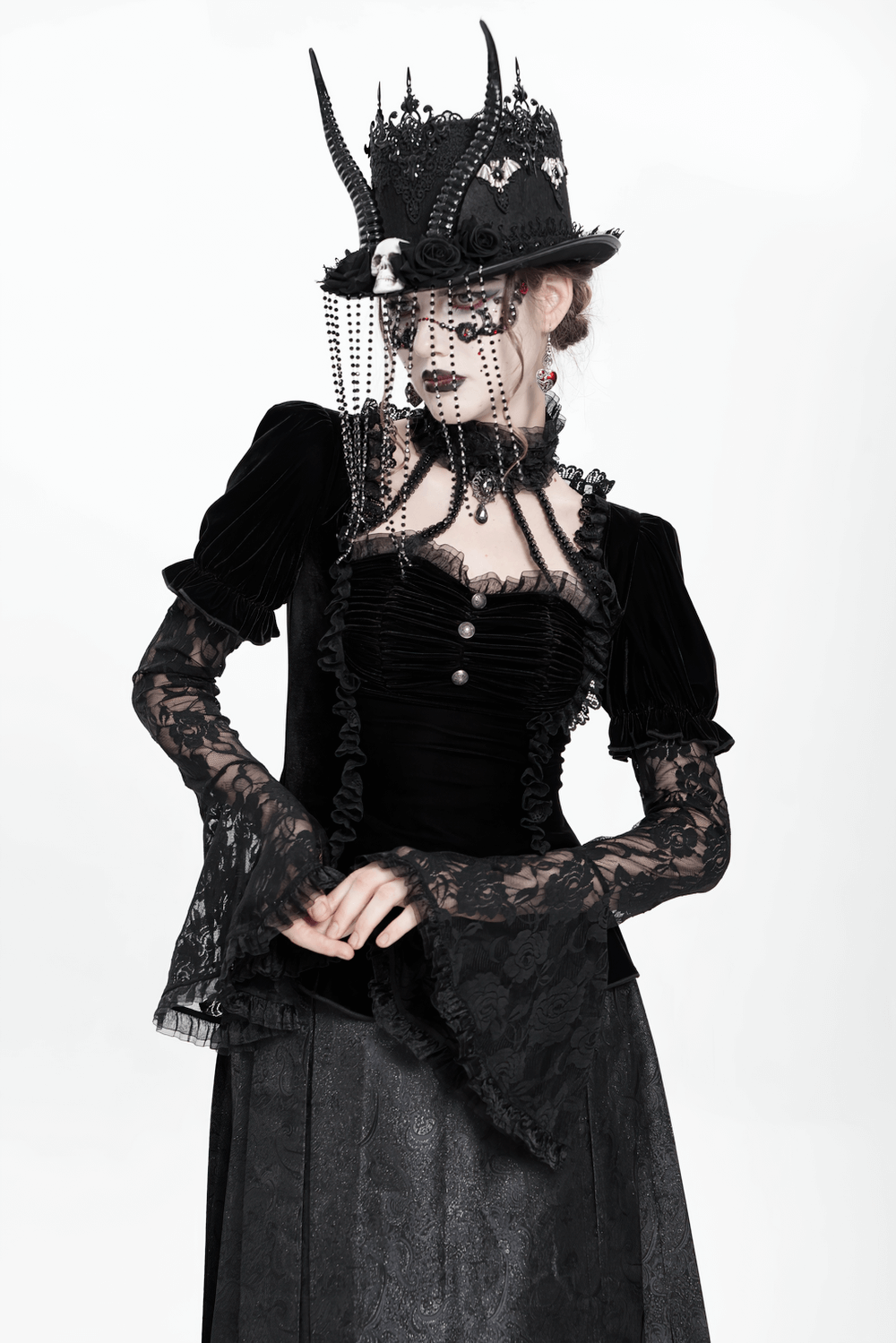 Gothic Black Velvet Top with Lace Bell Sleeves