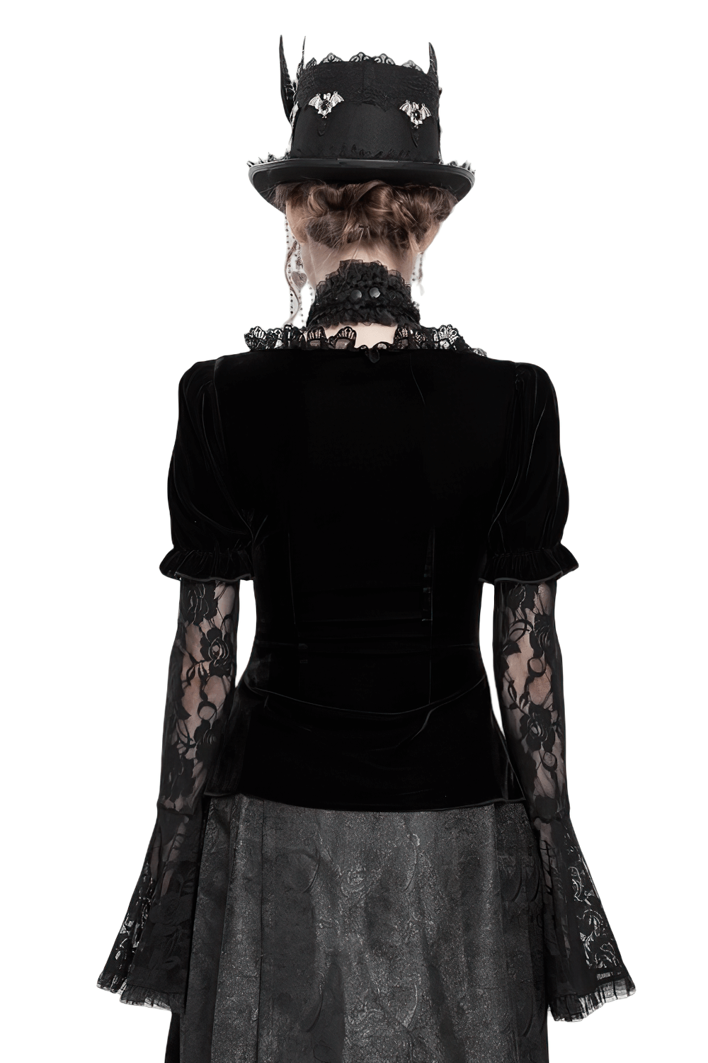 Gothic Black Velvet Top with Lace Bell Sleeves