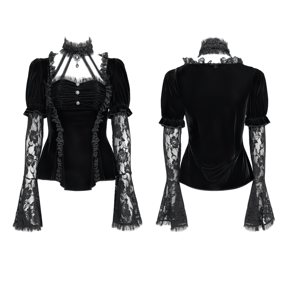 Gothic Black Velvet Top with Lace Bell Sleeves