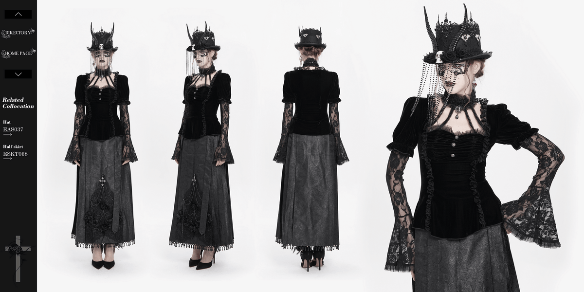 Gothic Black Velvet Top with Lace Bell Sleeves