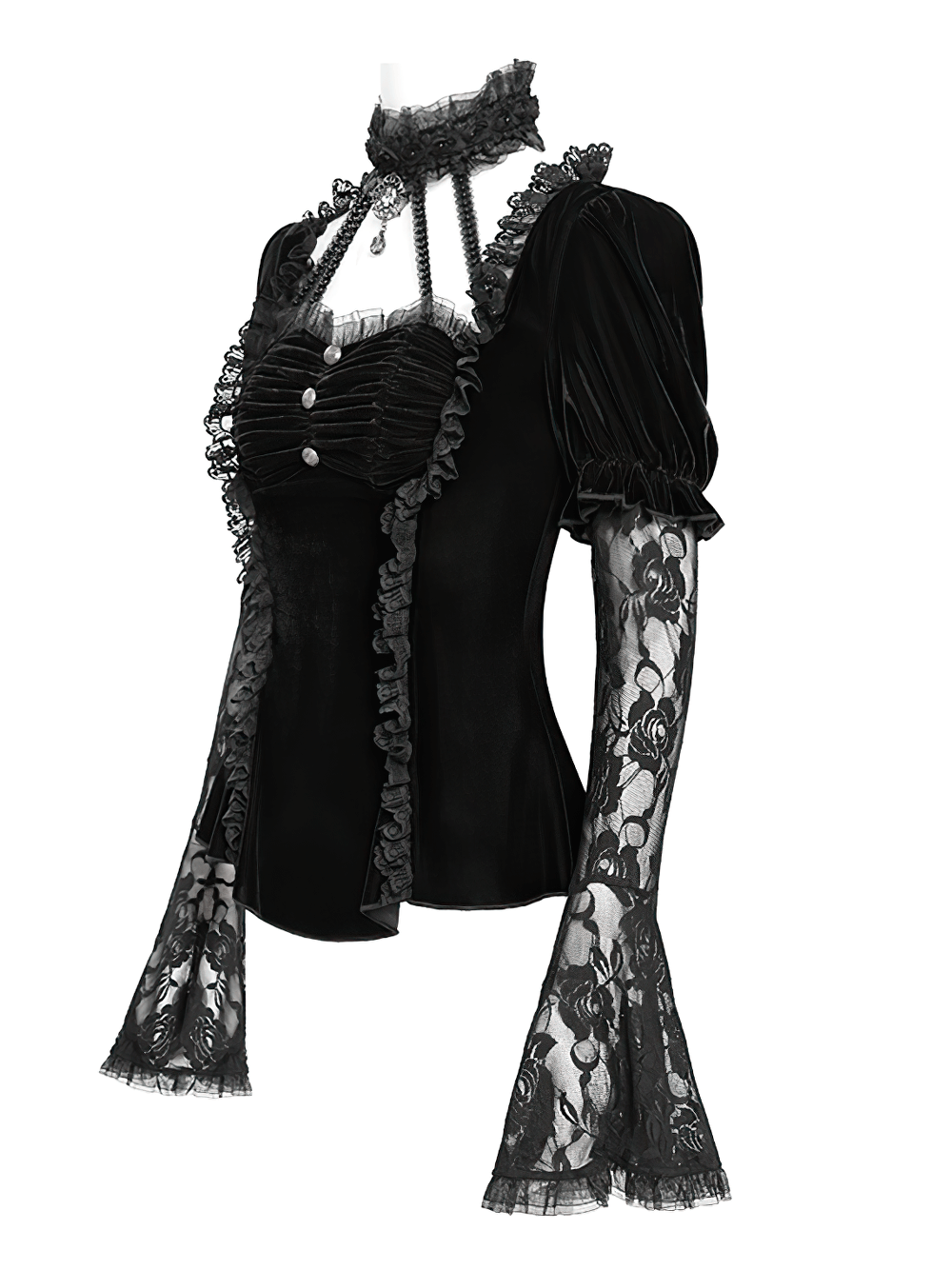 Gothic Black Velvet Top with Lace Bell Sleeves
