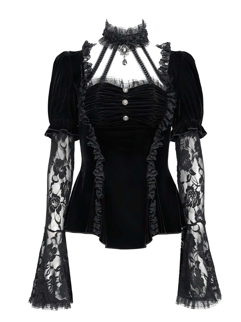 Gothic Black Velvet Top with Lace Bell Sleeves