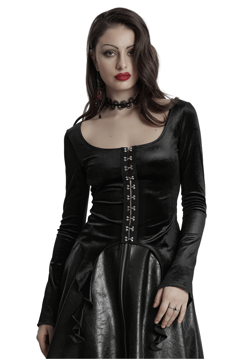 Gothic Black Velvet Top with Square Collar and Metal Buckles