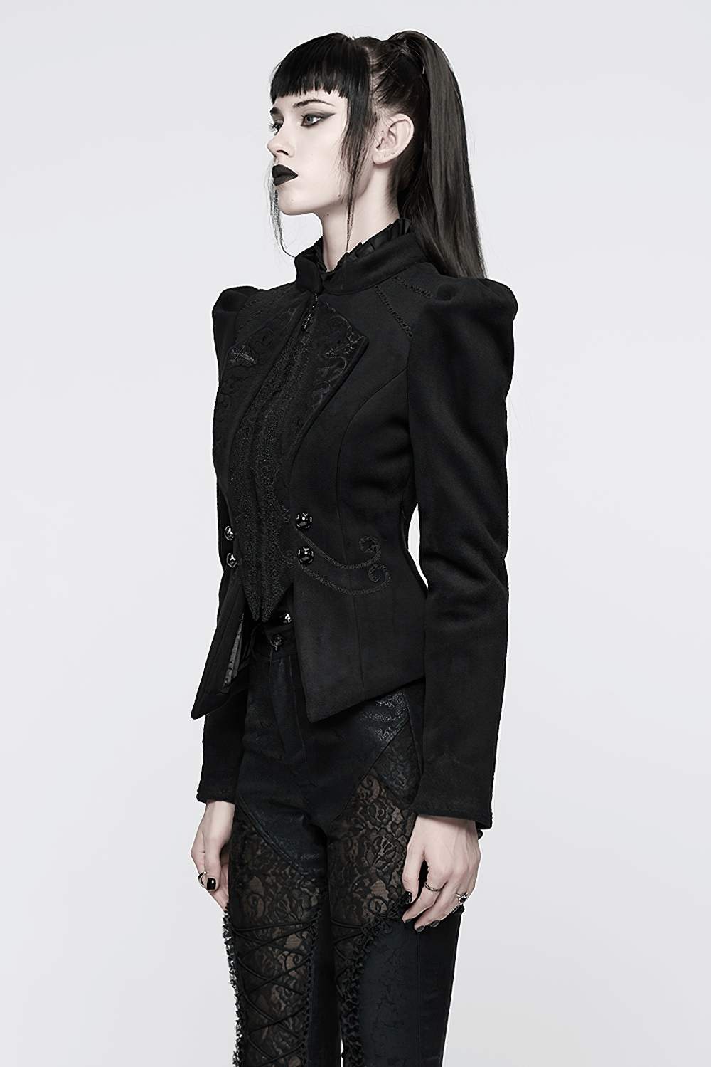 Gothic Black Woolen Jacket with Embroidery and Lace-Up