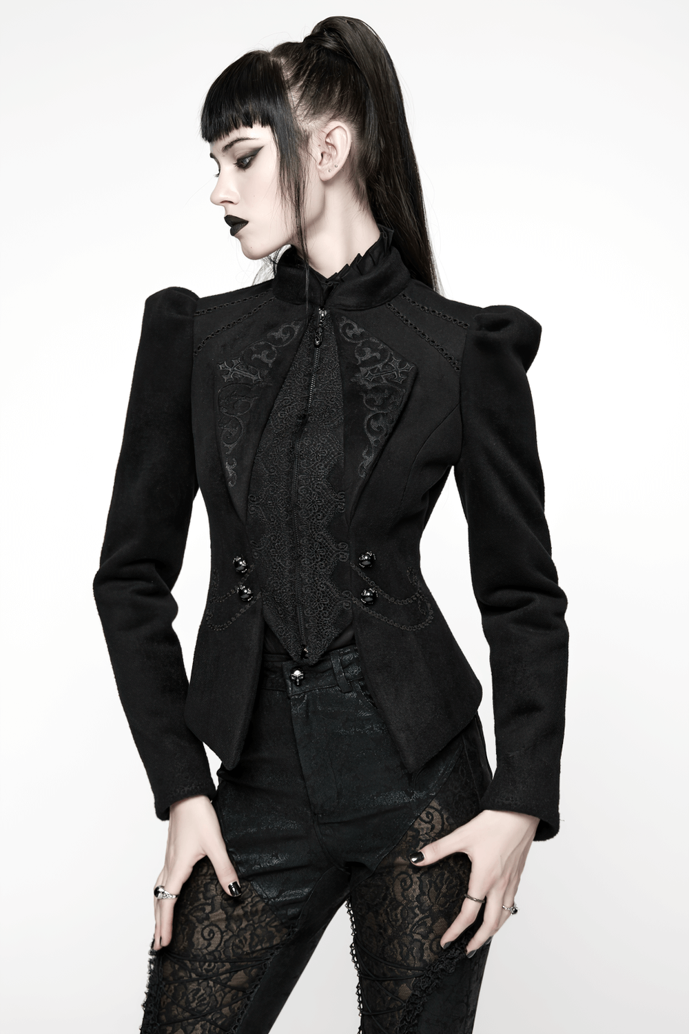Gothic Black Woolen Jacket with Embroidery and Lace-Up