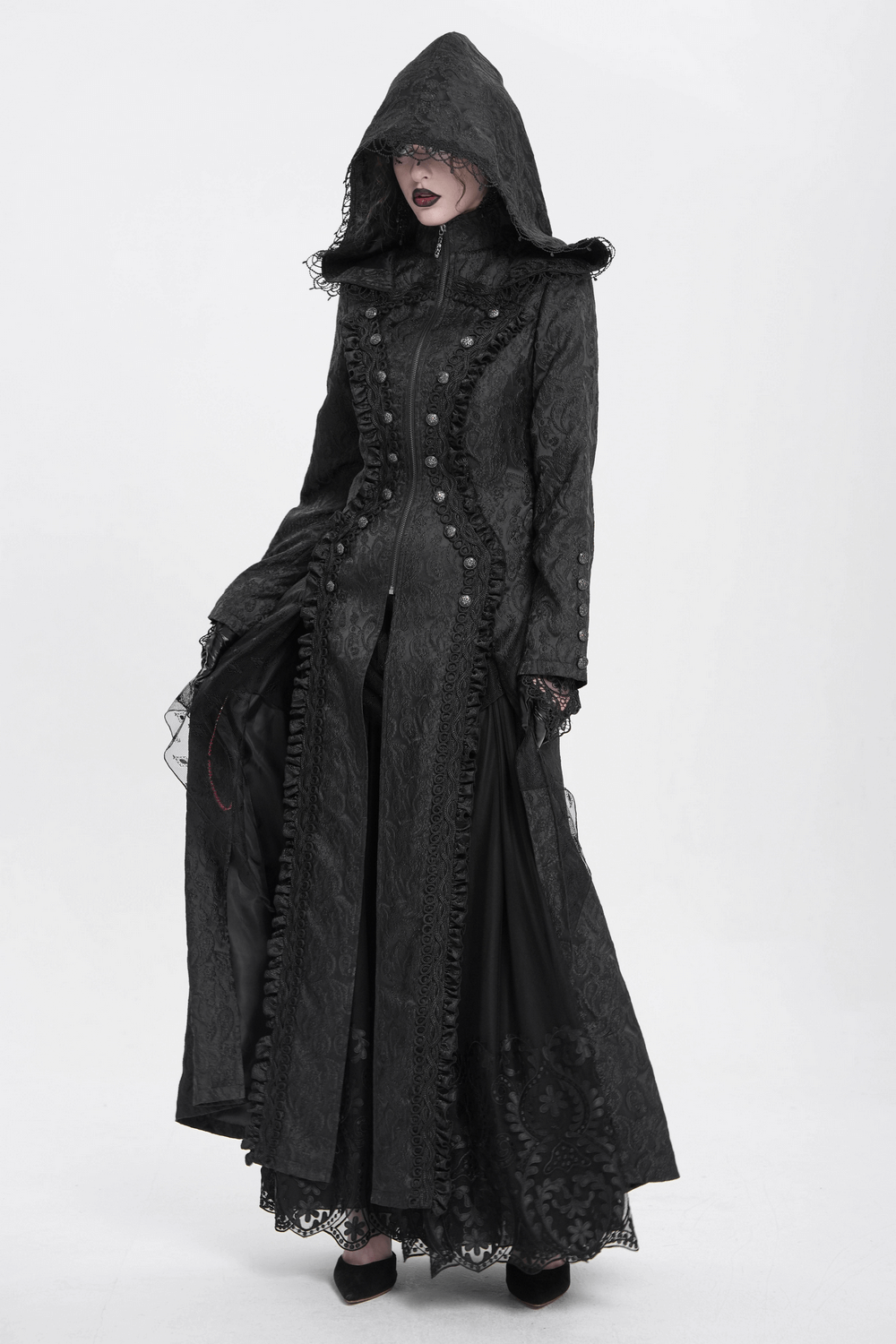 Gothic Brocade Hooded Long Coat with Lace Trim