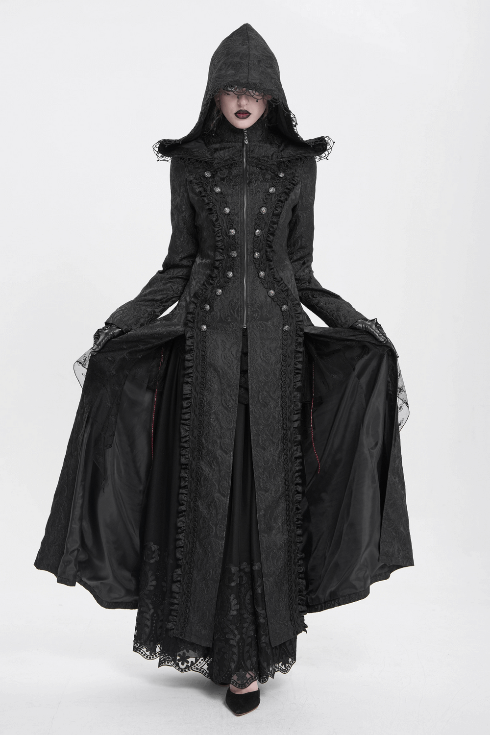 Gothic Brocade Hooded Long Coat with Lace Trim