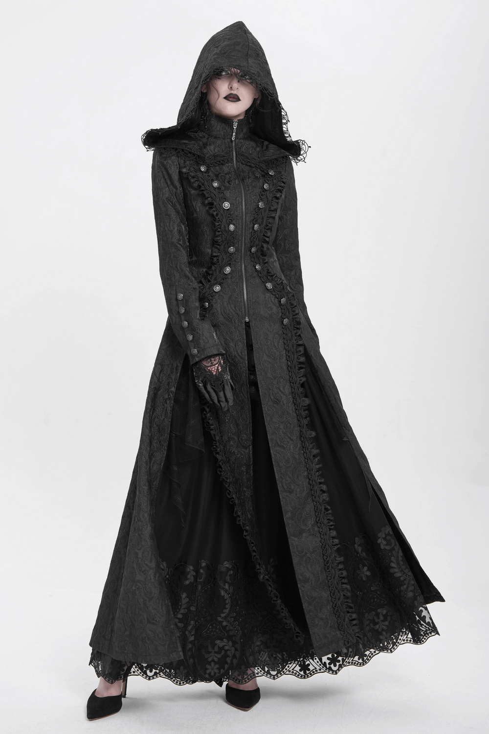 Gothic Brocade Hooded Long Coat with Lace Trim