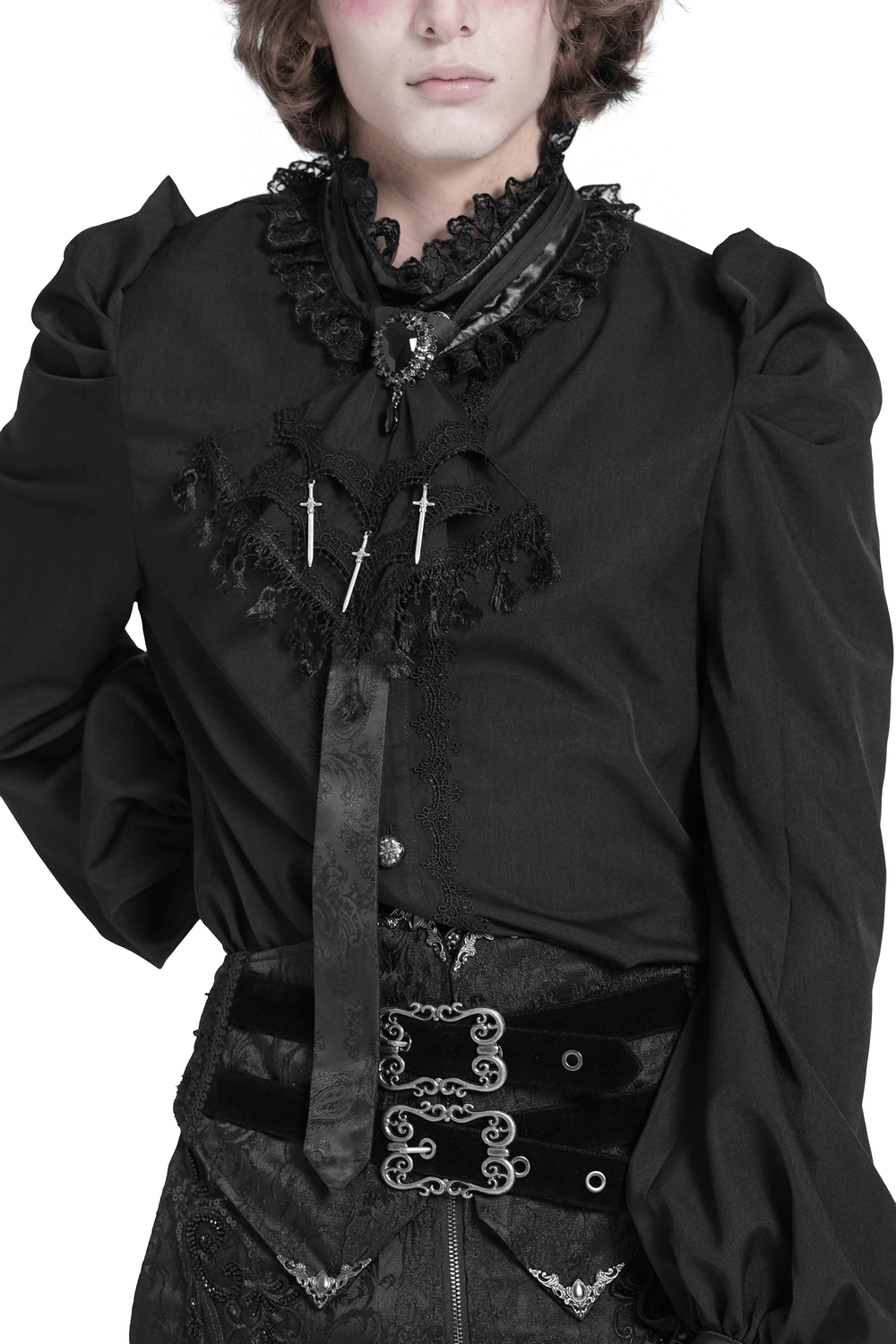 Gothic Brocade Neck Tie with Daggers and Tassel Trim