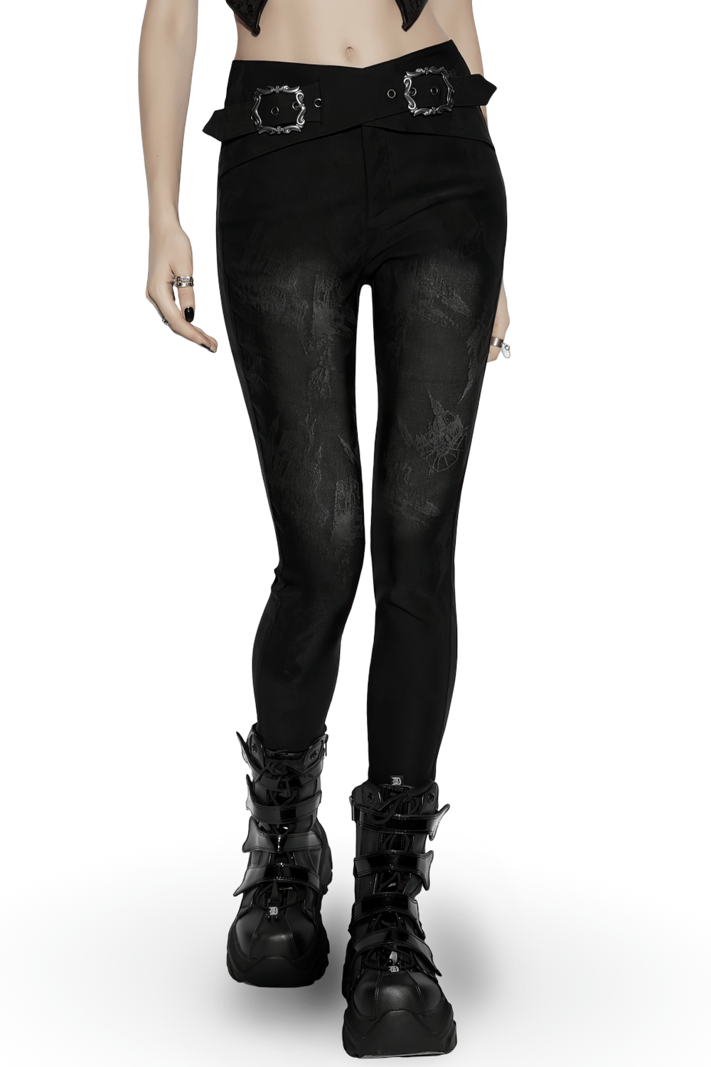Gothic Buckle Waist Skinny Jacquard Denim Pants