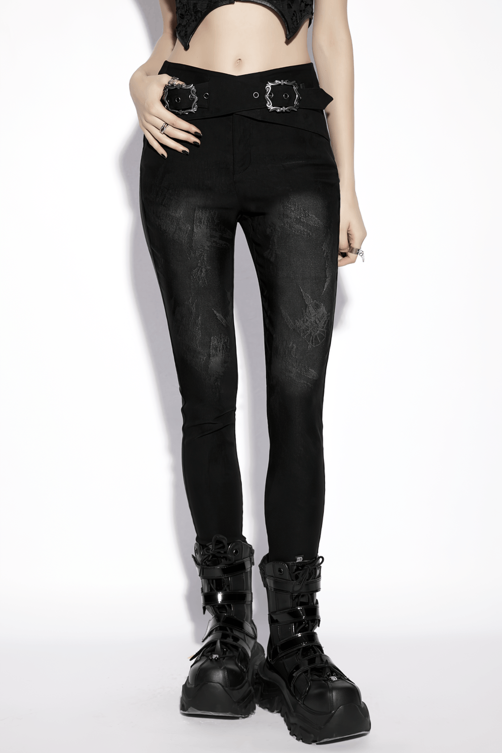 Gothic Buckle Waist Skinny Jacquard Denim Pants