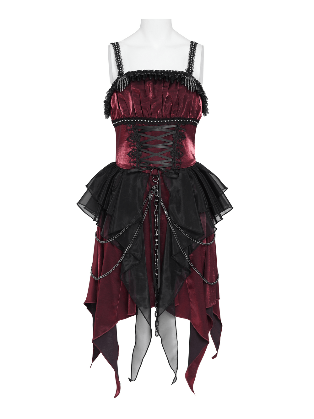 Gothic Burgundy Corset Dress with Chains and Tulle