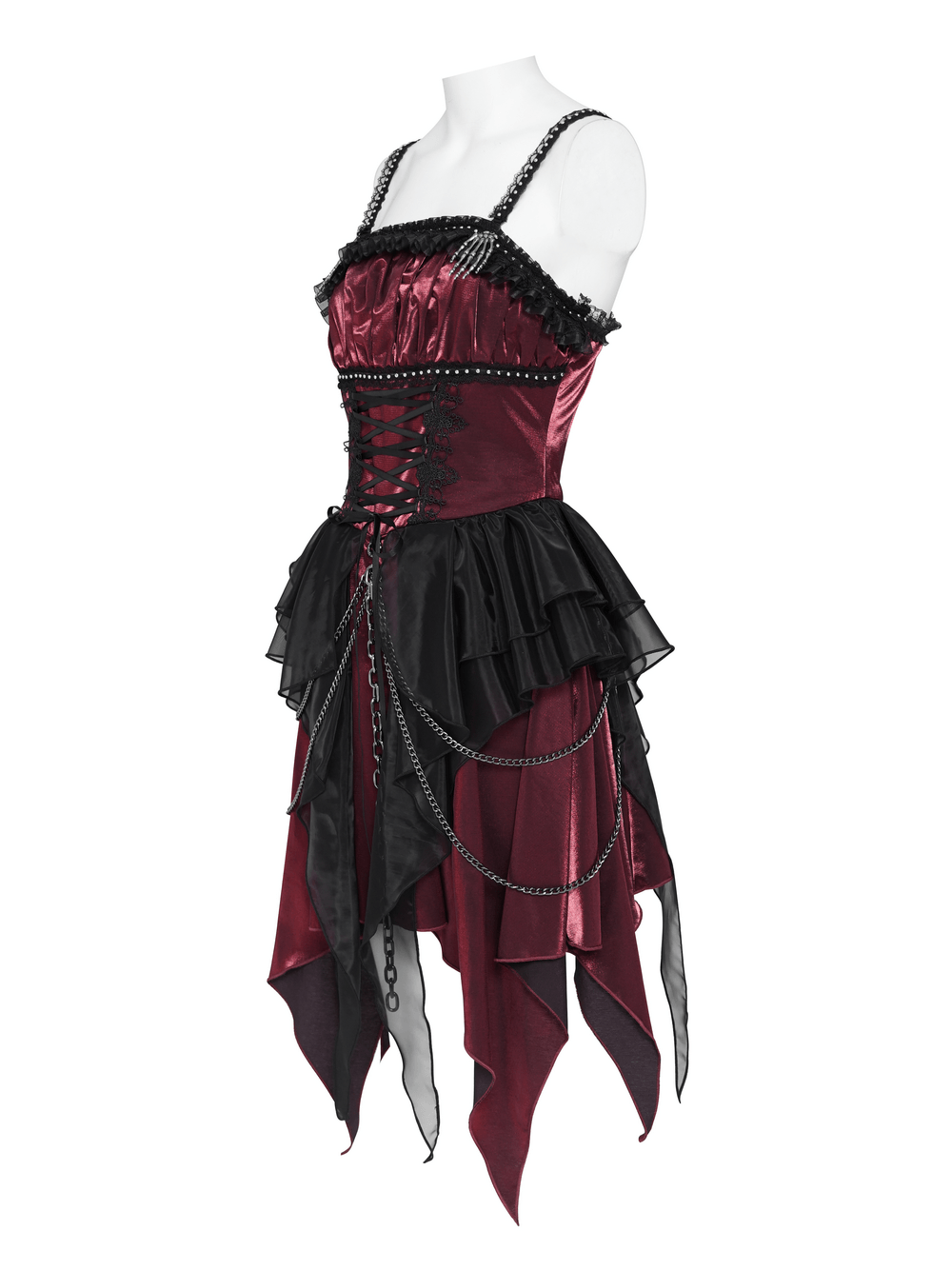 Gothic Burgundy Corset Dress with Chains and Tulle