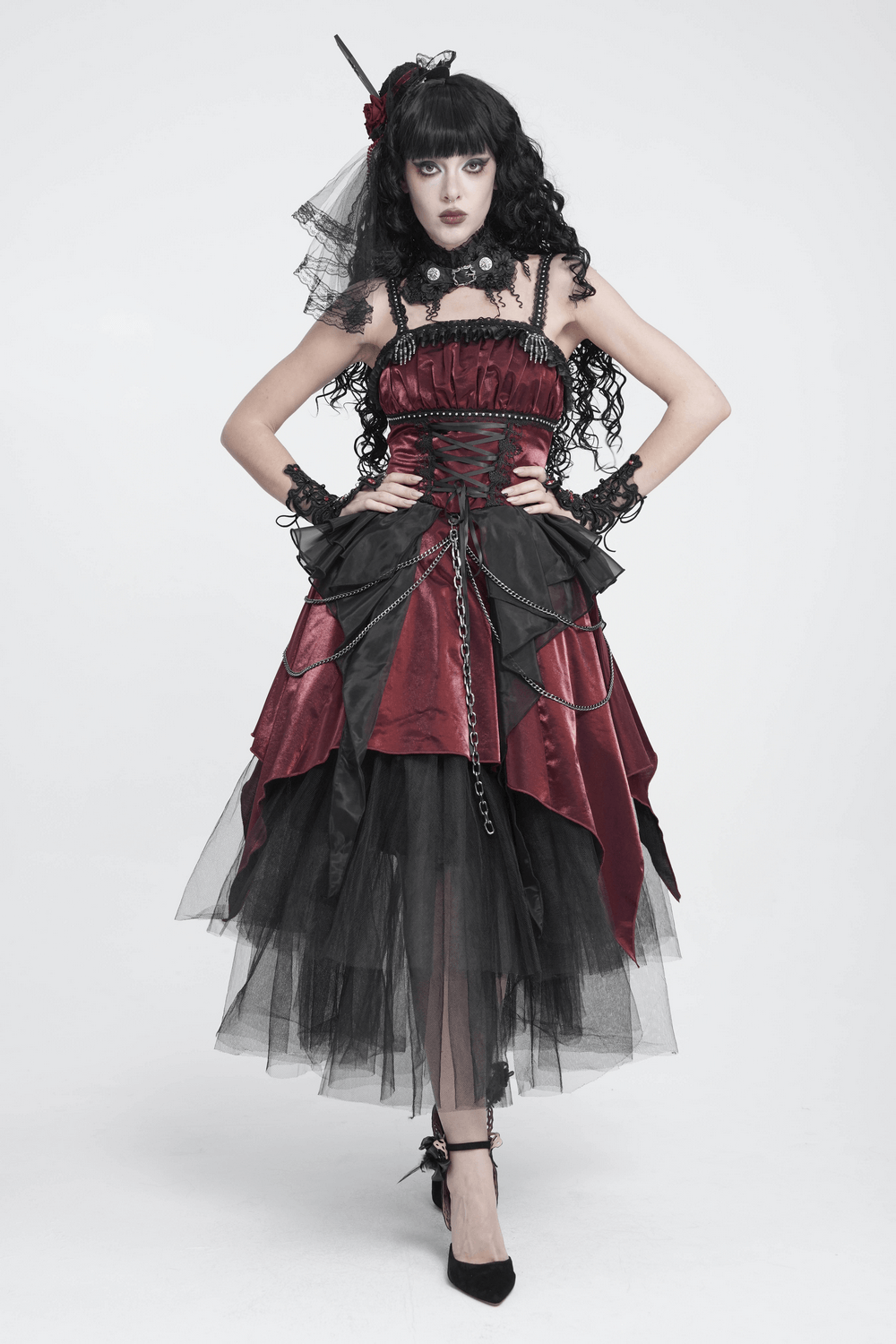 Gothic Burgundy Corset Dress with Chains and Tulle