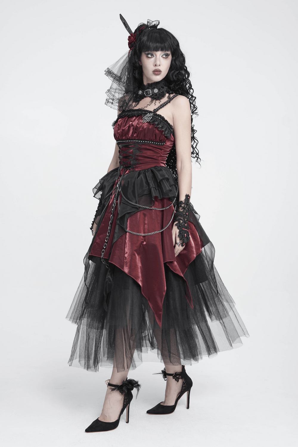 Gothic Burgundy Corset Dress with Chains and Tulle