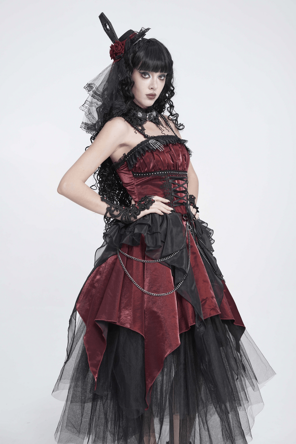 Gothic Burgundy Corset Dress with Chains and Tulle