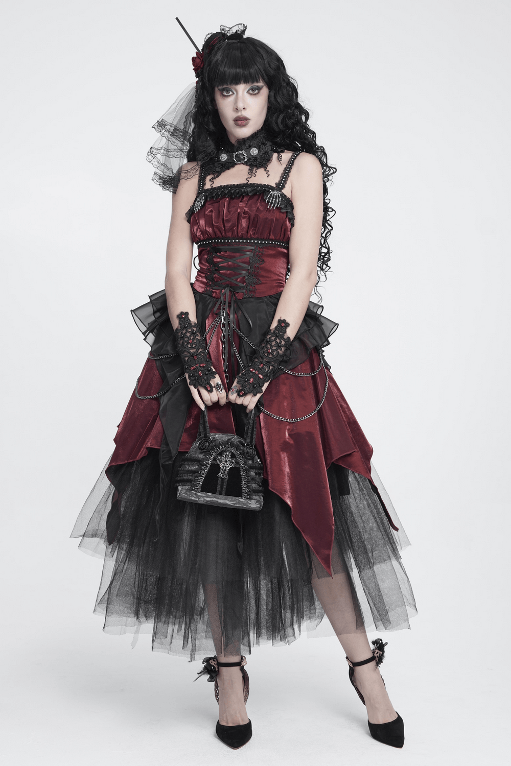 Gothic Burgundy Corset Dress with Chains and Tulle
