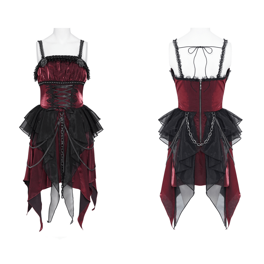 Gothic Burgundy Corset Dress with Chains and Tulle