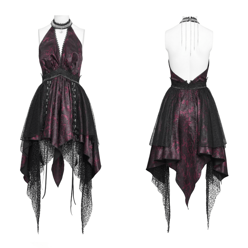 Gothic Burgundy Halter Dress with Lace Layers