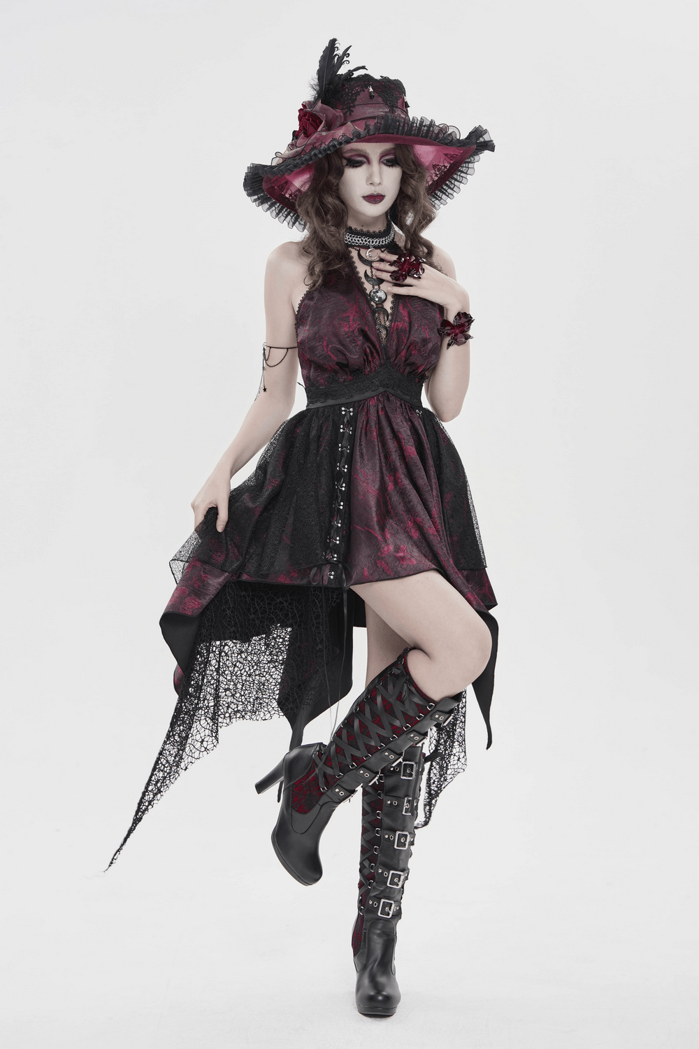 Gothic Burgundy Halter Dress with Lace Layers