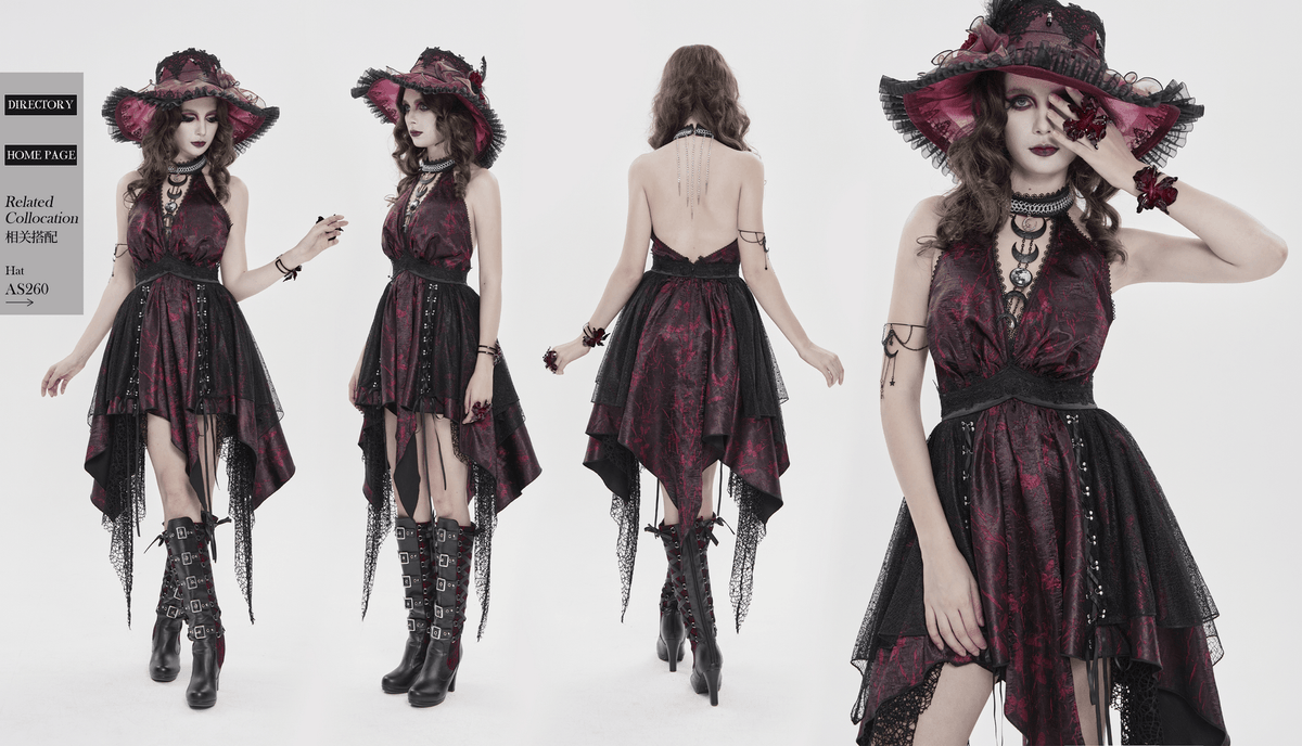 Gothic Burgundy Halter Dress with Lace Layers