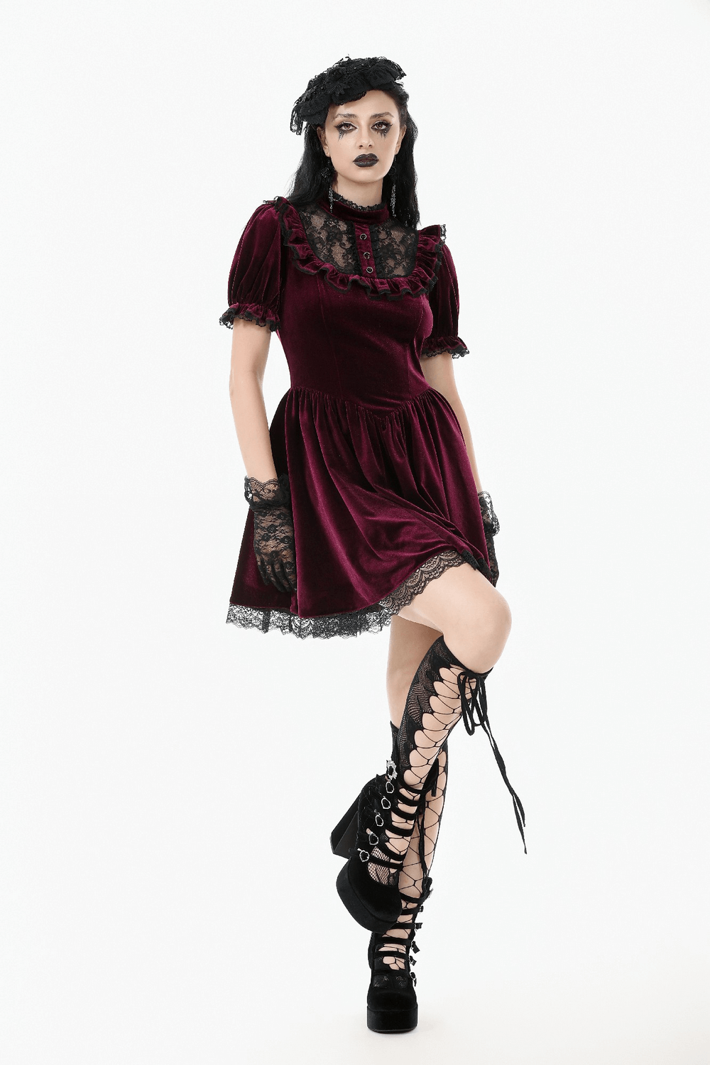 Gothic Burgundy Velvet Dress with Lace Trim and Puff Sleeves
