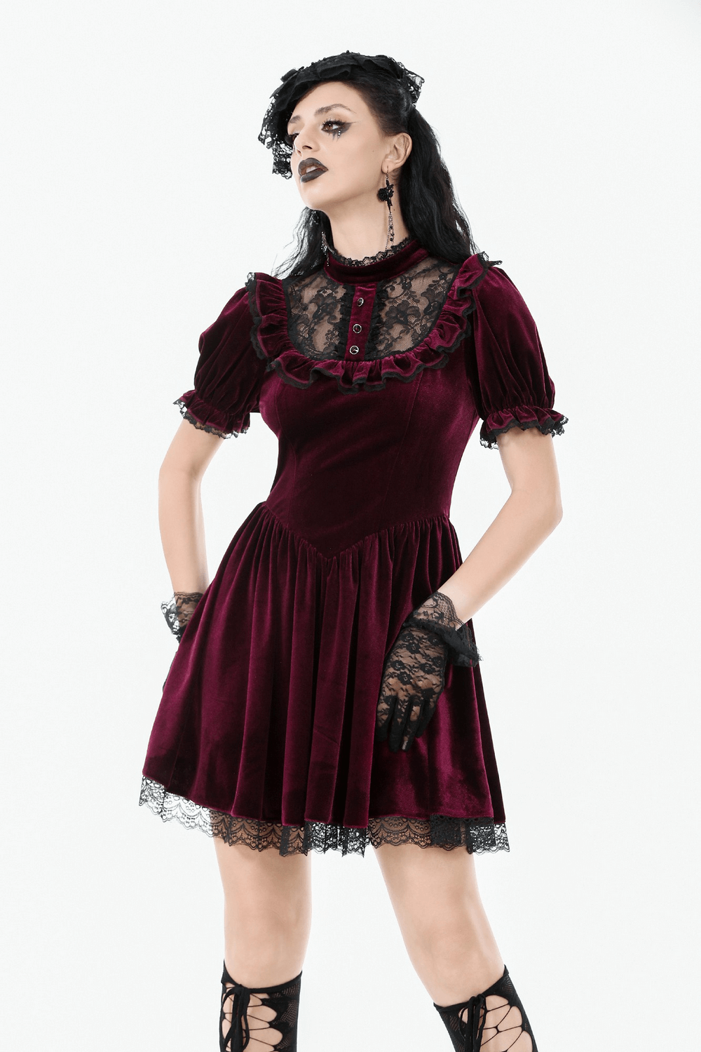 Gothic Burgundy Velvet Dress with Lace Trim and Puff Sleeves