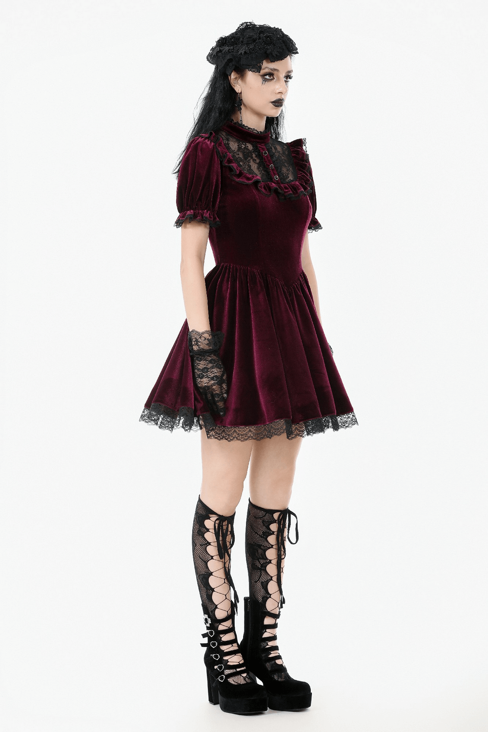 Gothic Burgundy Velvet Dress with Lace Trim and Puff Sleeves