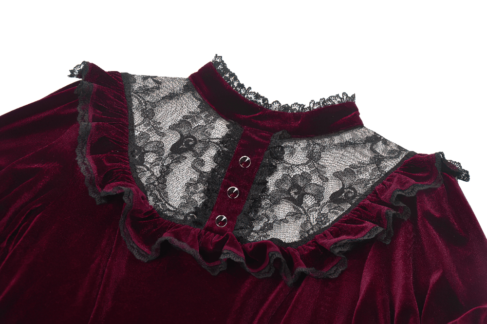 Gothic Burgundy Velvet Dress with Lace Trim and Puff Sleeves