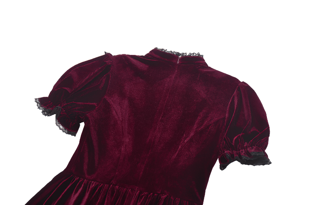 Gothic Burgundy Velvet Dress with Lace Trim and Puff Sleeves