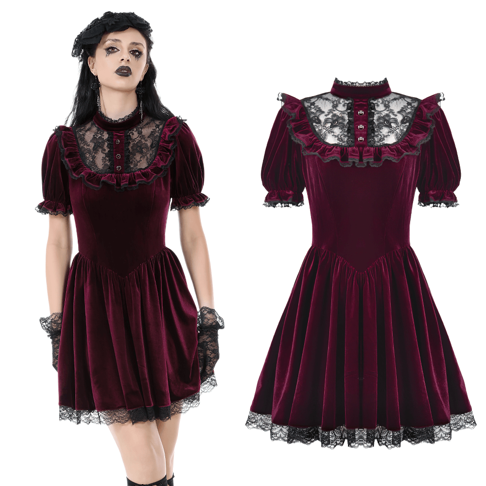 Gothic Burgundy Velvet Dress with Lace Trim and Puff Sleeves