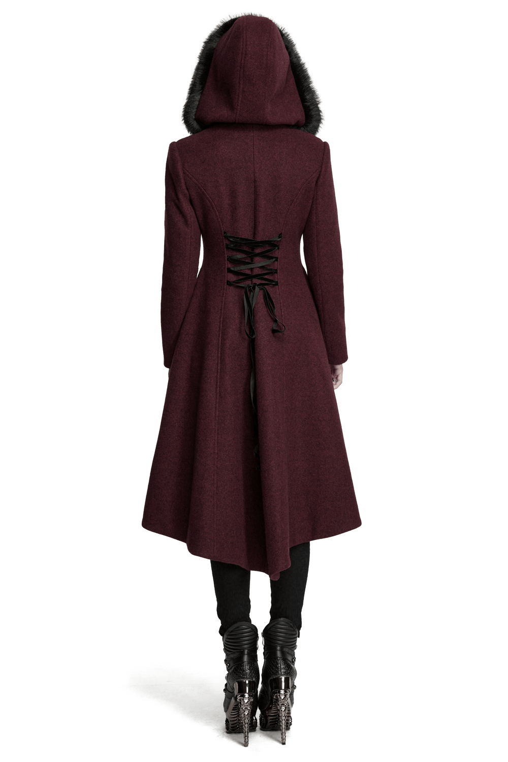 Gothic Burgundy Wool Coat with Fur Hood for Women