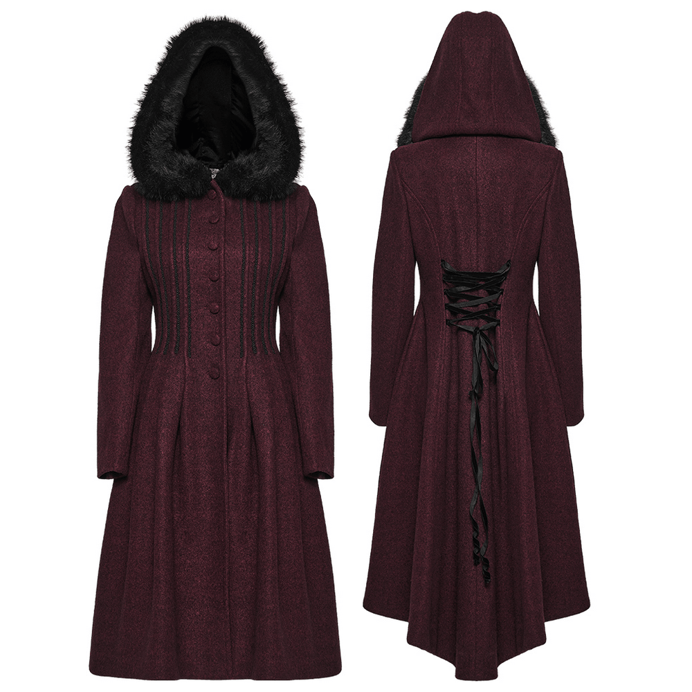 Gothic Burgundy Wool Coat with Fur Hood for Women