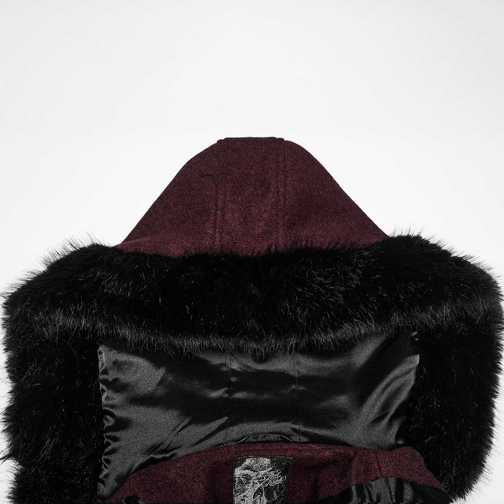 Gothic Burgundy Wool Coat with Fur Hood for Women